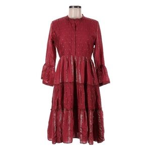 Aarké Ritu Kumar Red Metallic Tier Midi Dress NWT M Long Sleeve Boho Cottagecore